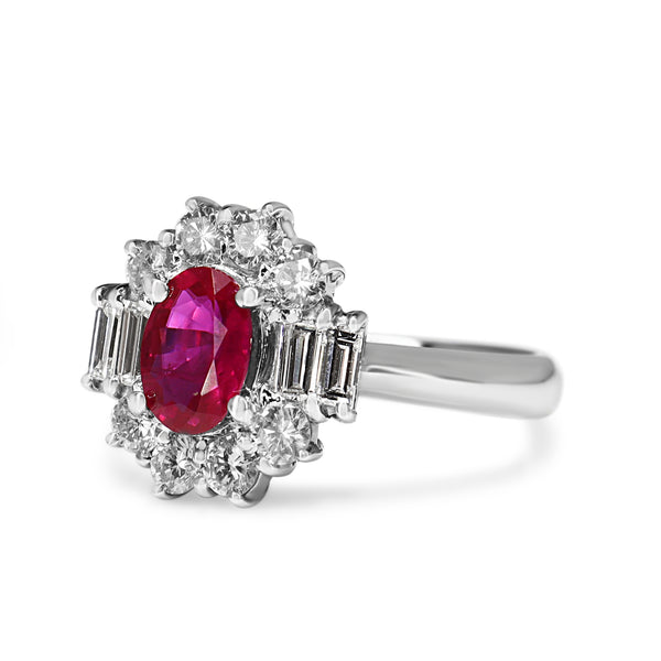 Platinum Ruby and Baguette Diamond Halo Ring