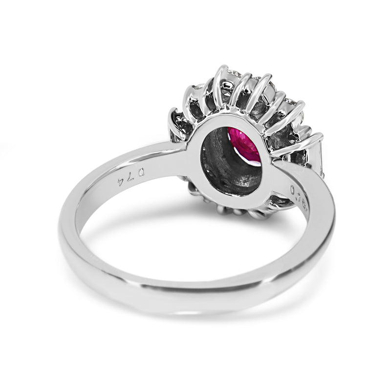 Platinum Ruby and Baguette Diamond Halo Ring