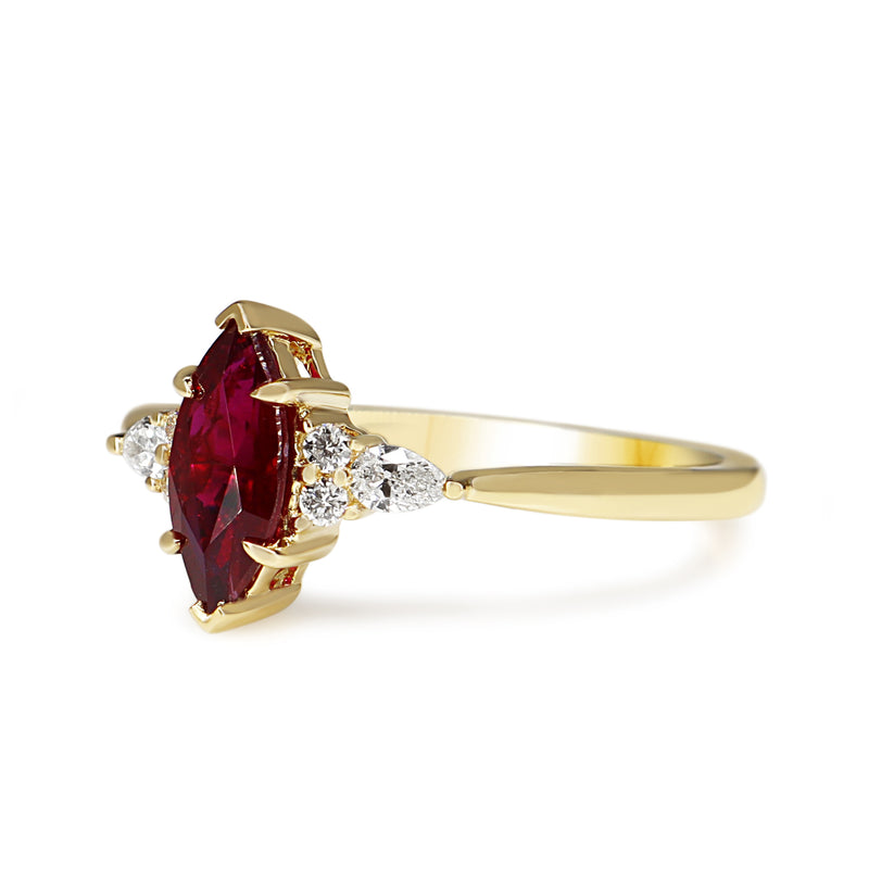 18ct Yellow Gold Marquise Ruby and Pear Diamond Ring