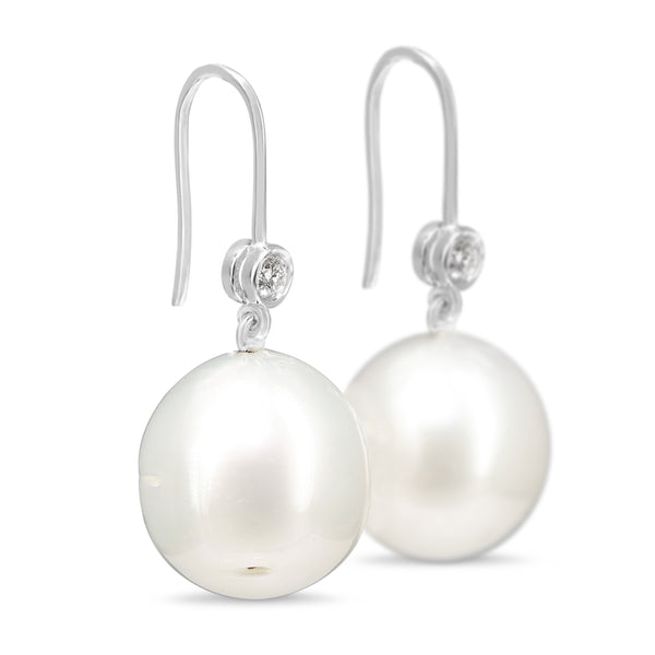 18ct White Gold 14mm South Sea Pearl and Diamond Earrings