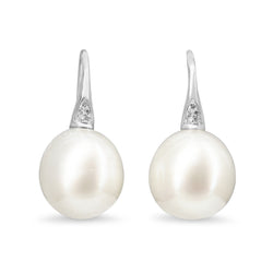 18ct White Gold 13mm South Sea Pearl and Diamond Earrings on French Style Hook