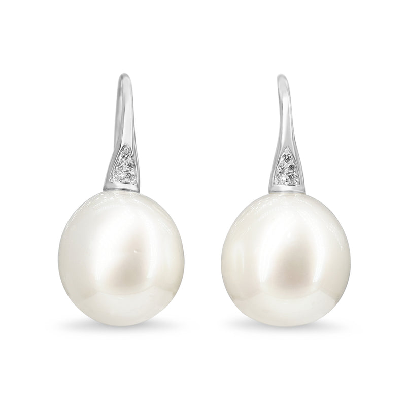 18ct White Gold 13mm South Sea Pearl and Diamond Earrings on French Style Hook