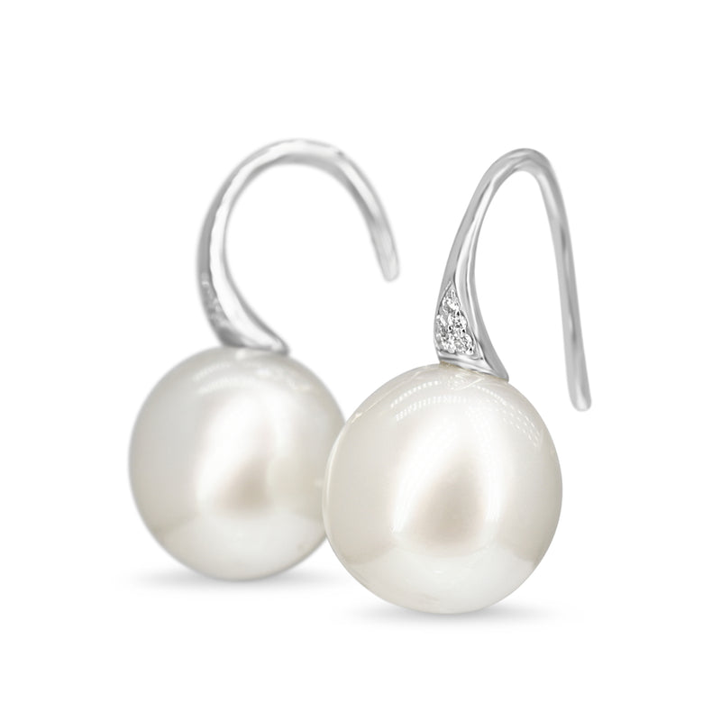 18ct White Gold 13mm South Sea Pearl and Diamond Earrings on French Style Hook