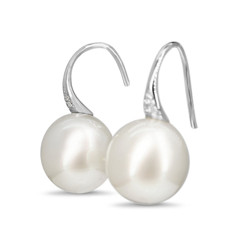 18ct White Gold 13mm South Sea Pearl and Diamond Earrings on French Style Hook