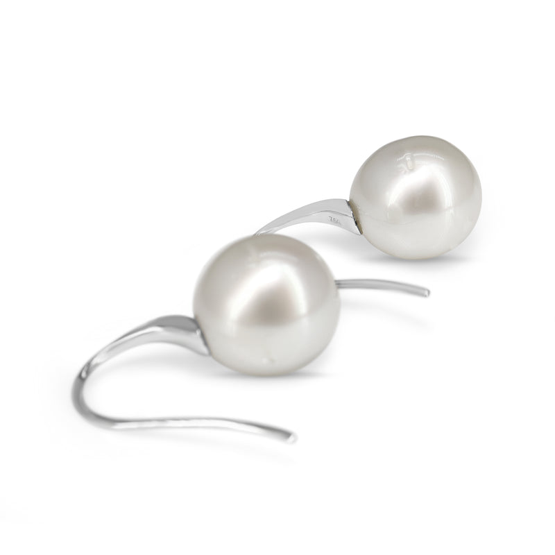 18ct White Gold 13mm South Sea Pearl and Diamond Earrings on French Style Hook