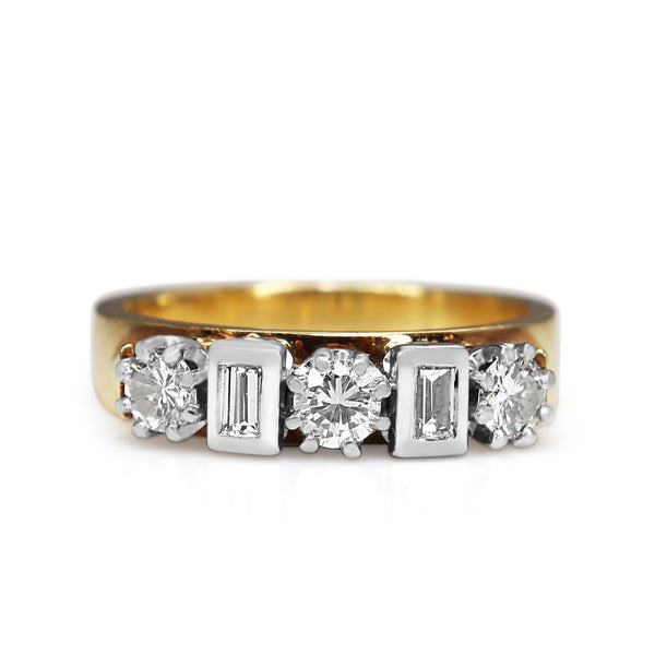 18ct Yellow and White Gold Baguette and Brilliant Cut Diamond Band Ring