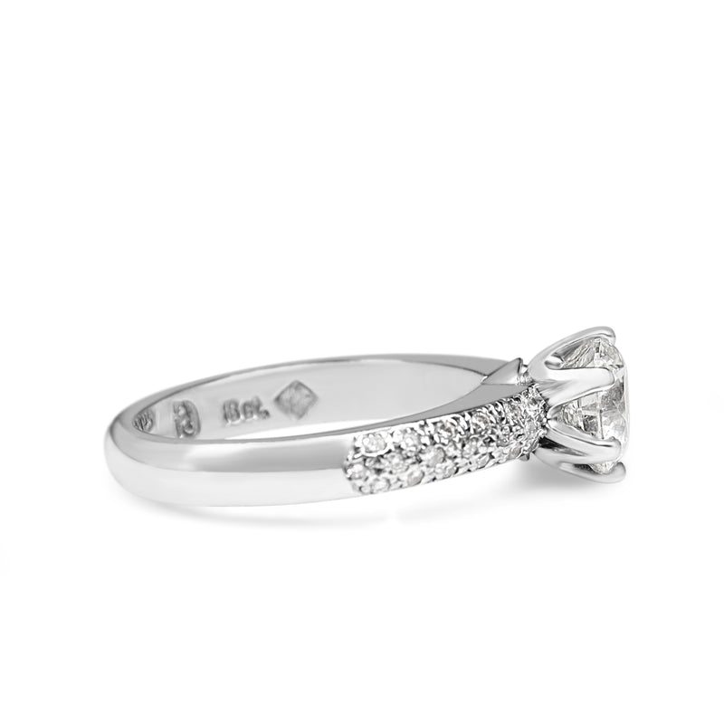 18ct White Gold Diamond Solitaire Ring With Pavé Diamond Band