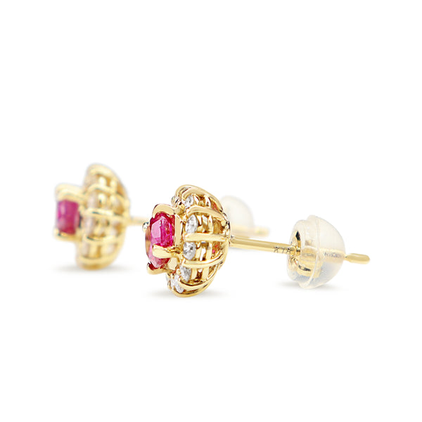 18ct Yellow Gold Ruby and Diamond Halo Stud Earrings