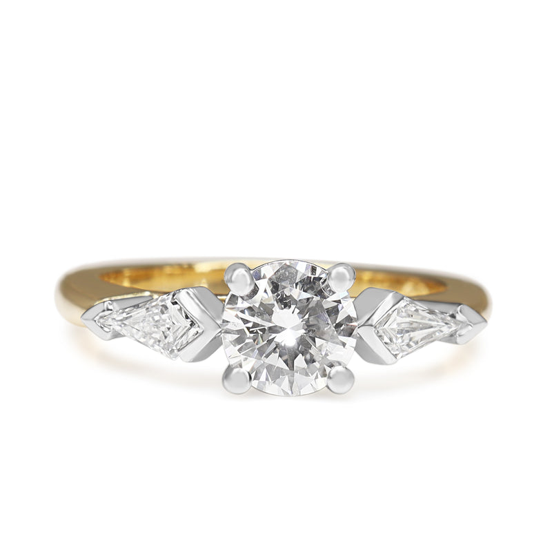 18ct Yellow and White Gold Brilliant and Kite Cut 3 Stone Diamond Ring