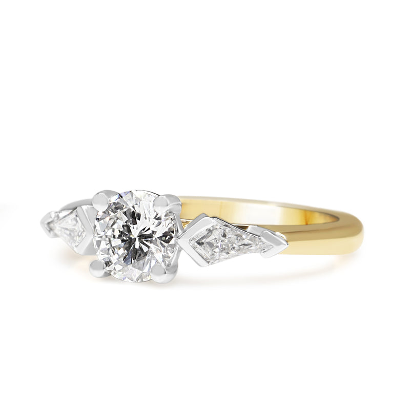 18ct Yellow and White Gold Brilliant and Kite Cut 3 Stone Diamond Ring