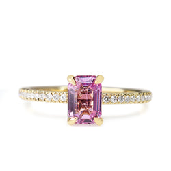 18ct Yellow Gold Emerald Cut Pink Sapphire and Diamond Ring