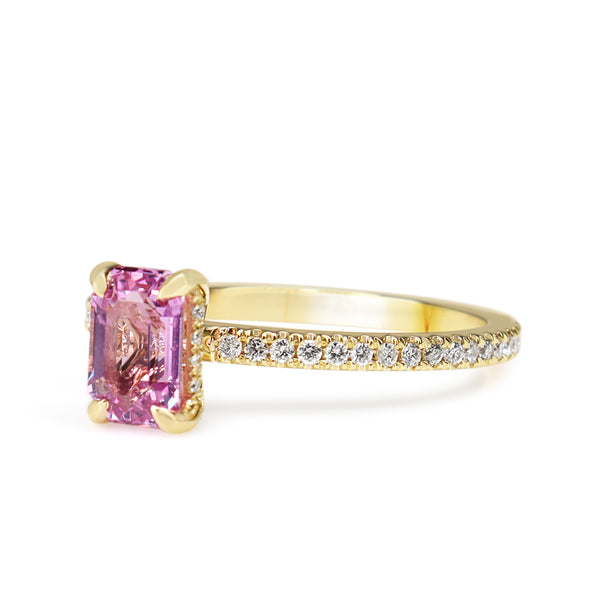 18ct Yellow Gold Emerald Cut Pink Sapphire and Diamond Ring