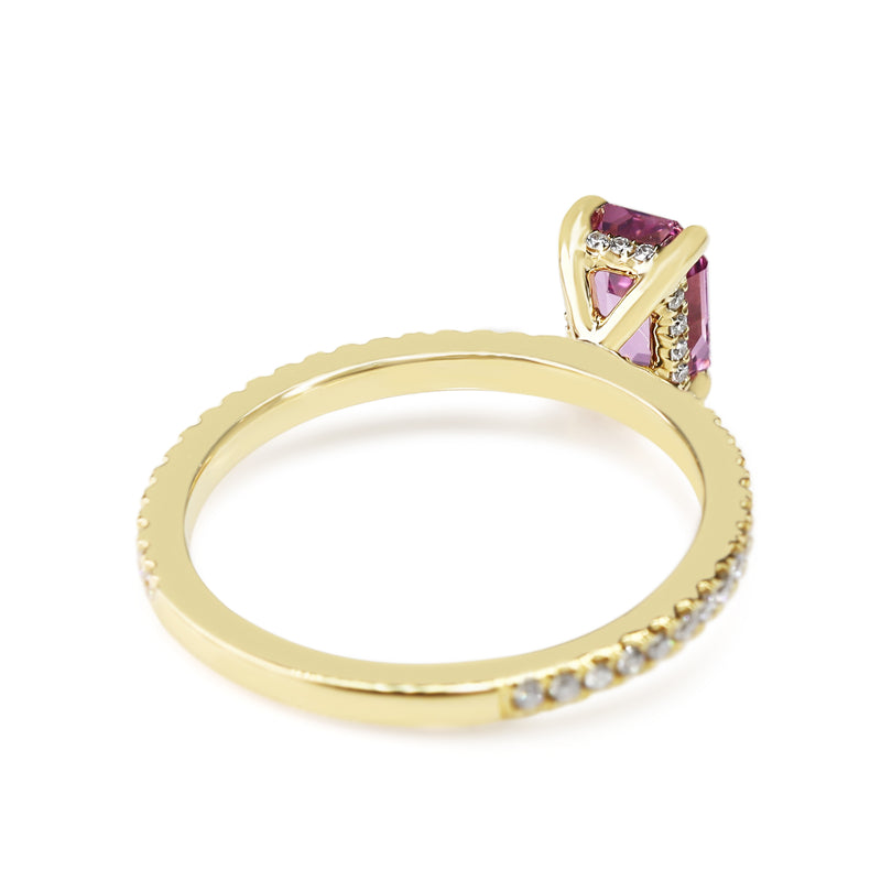 18ct Yellow Gold Emerald Cut Pink Sapphire and Diamond Ring