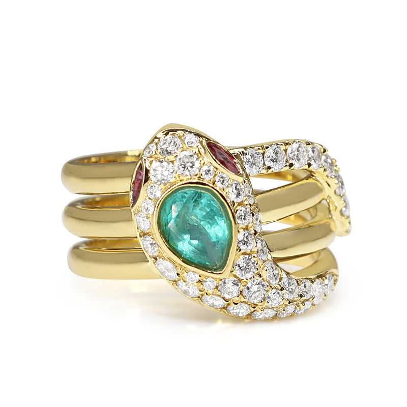 18ct Yellow Gold Emerald, Ruby and Diamond Snake / Serpent Ring