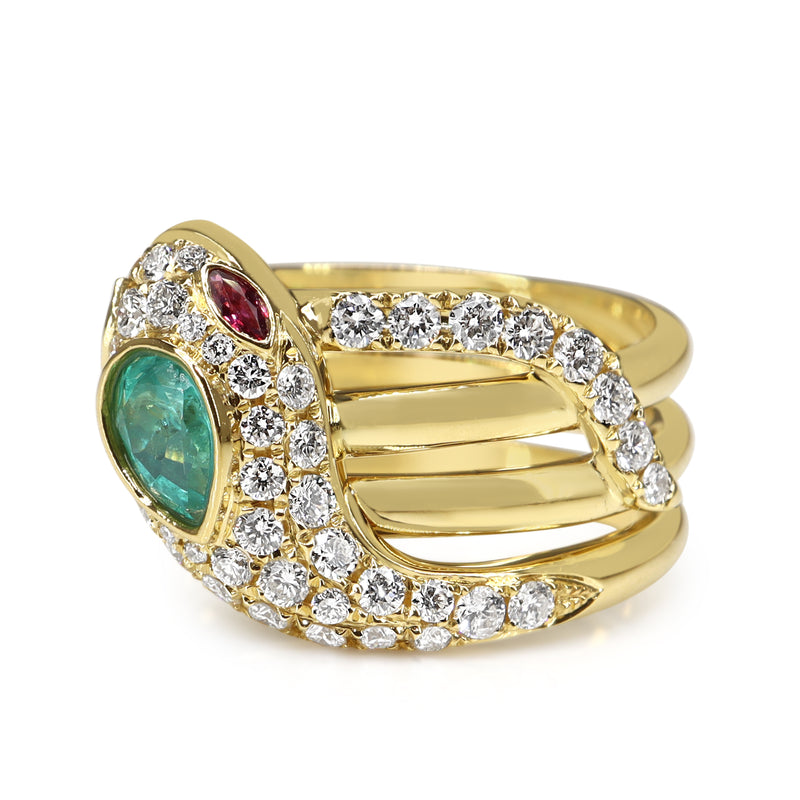 18ct Yellow Gold Emerald, Ruby and Diamond Snake / Serpent Ring