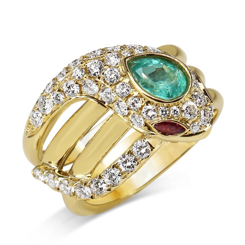 18ct Yellow Gold Emerald, Ruby and Diamond Snake / Serpent Ring