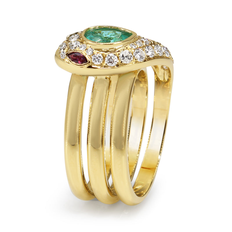 18ct Yellow Gold Emerald, Ruby and Diamond Snake / Serpent Ring