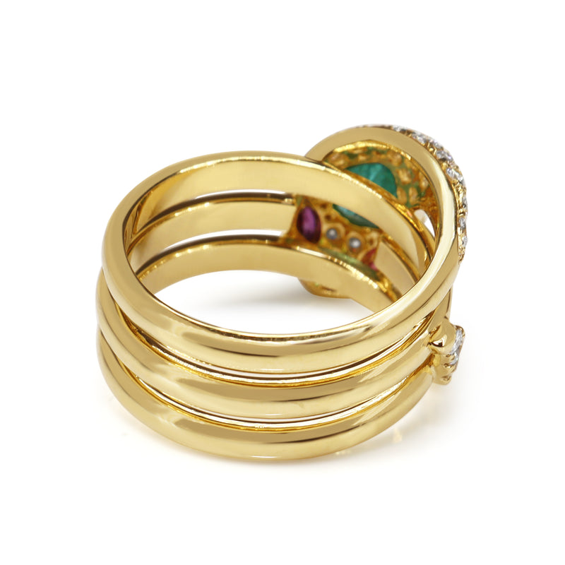 18ct Yellow Gold Emerald, Ruby and Diamond Snake / Serpent Ring