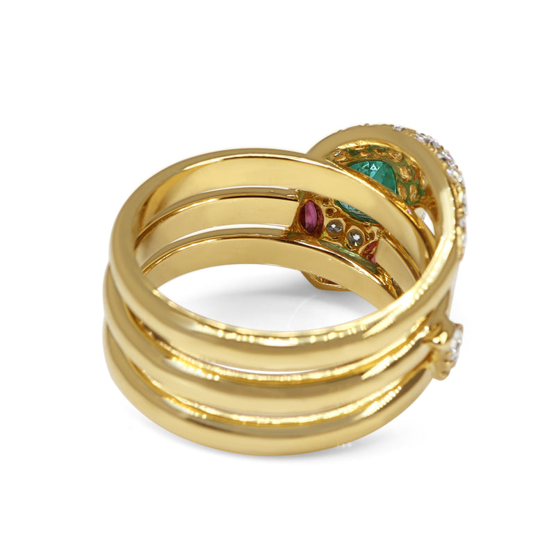 18ct Yellow Gold Emerald, Ruby and Diamond Snake / Serpent Ring