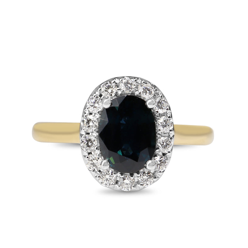 18ct Yellow and White Gold Oval Sapphire and Diamond Halo Ring