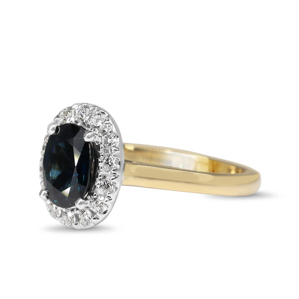 18ct Yellow and White Gold Oval Sapphire and Diamond Halo Ring