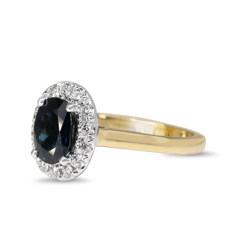 18ct Yellow and White Gold Oval Sapphire and Diamond Halo Ring