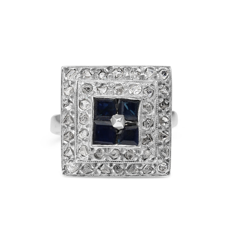 18ct White Gold and Palladium Sapphire and Rose Cut Diamond Ring