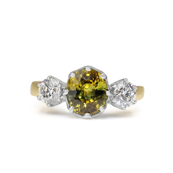 18ct Yellow and White Gold Vintage Style 3 Stone Yellow / Parti Sapphire and Diamond Ring