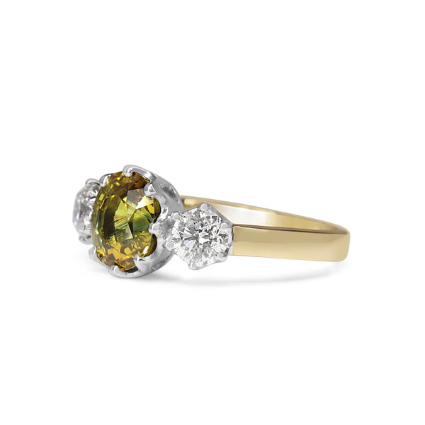 18ct Yellow and White Gold Vintage Style 3 Stone Yellow / Parti Sapphire and Diamond Ring