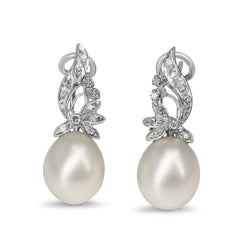 Palladium 10.6mm Fresh Water Pearl and Diamond Vintage Earrings