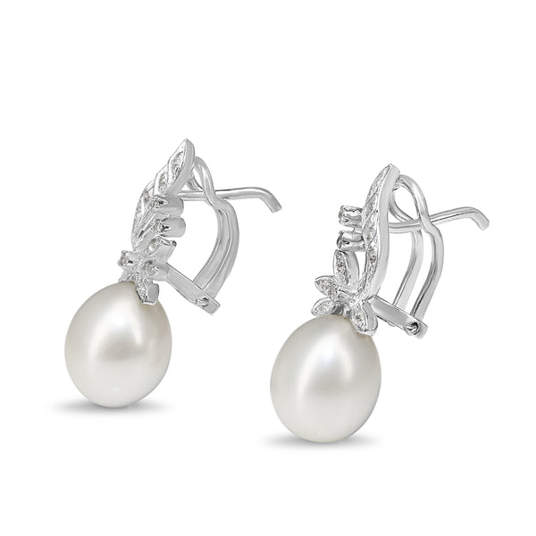 Palladium 10.6mm Fresh Water Pearl and Diamond Vintage Earrings