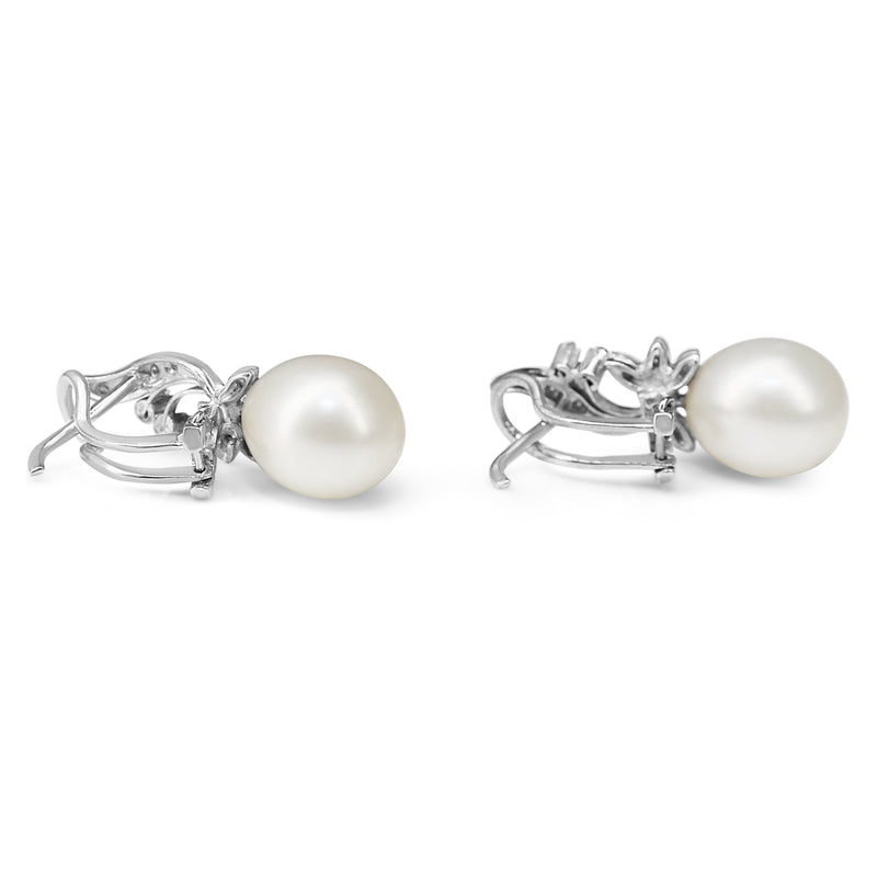 Palladium 10.6mm Fresh Water Pearl and Diamond Vintage Earrings