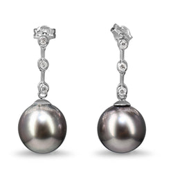 18ct White Gold 11mm Tahitian Pearl and Diamond Drop Earrings