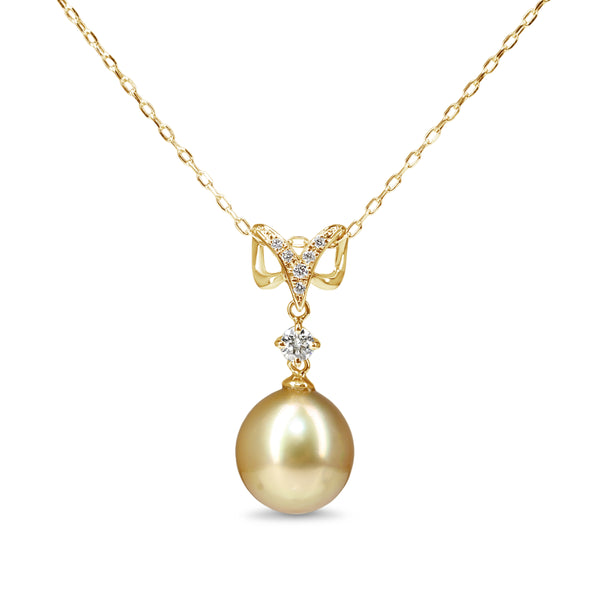 18ct Yellow Gold 10.5mm Golden South Sea Pearl and Diamond Necklace