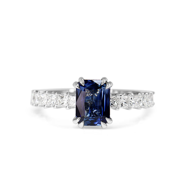 18ct White Gold Radiant Cut Sapphire and Princess Cut Diamond Solitaire Ring