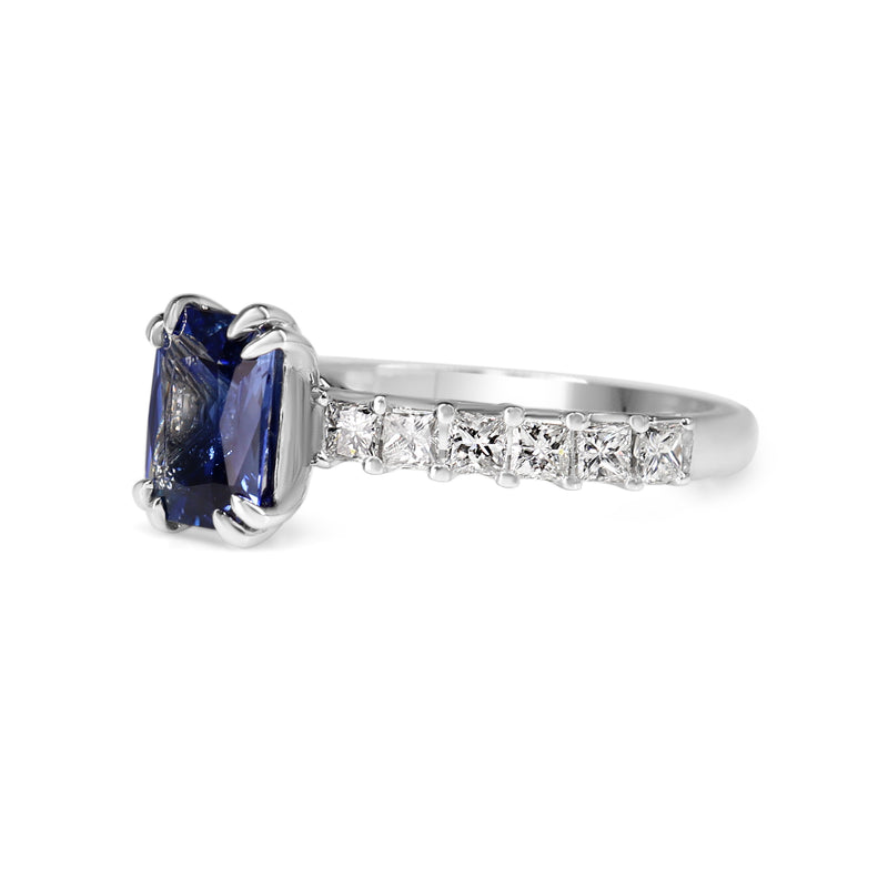 18ct White Gold Radiant Cut Sapphire and Princess Cut Diamond Solitaire Ring