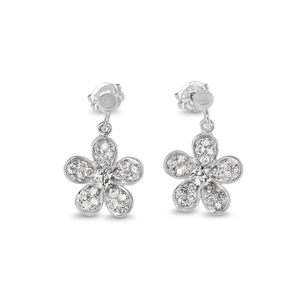 18ct White Gold Flower Drop Diamond Earrings