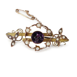 9ct Yellow Gold Antique Amethyst and Pearl Brooch