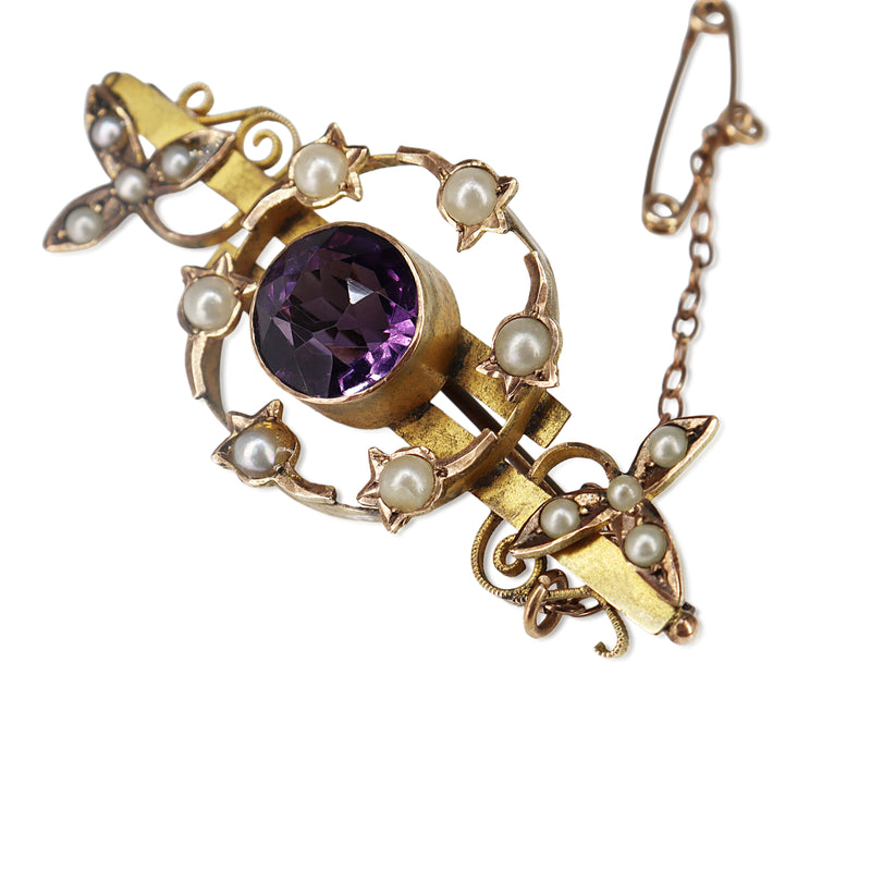 9ct Yellow Gold Antique Amethyst and Pearl Brooch