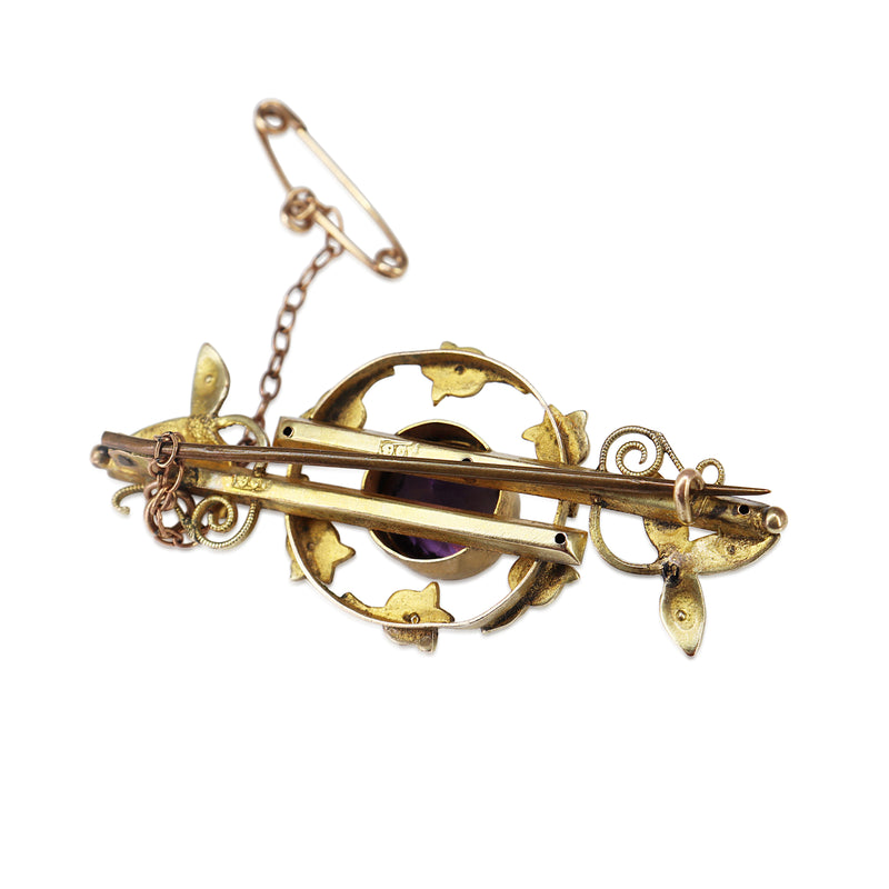 9ct Yellow Gold Antique Amethyst and Pearl Brooch