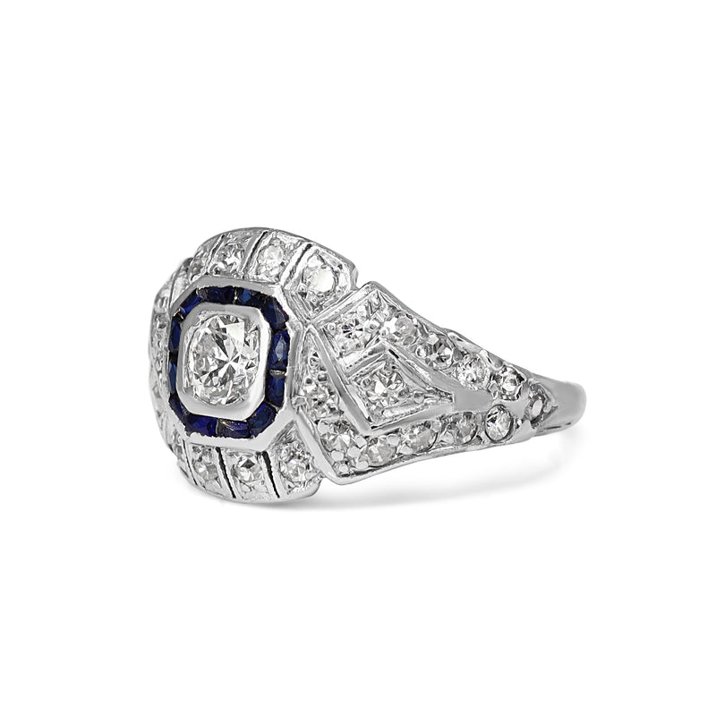 Platinum Art Deco Sapphire and Old Cut Diamond Ring