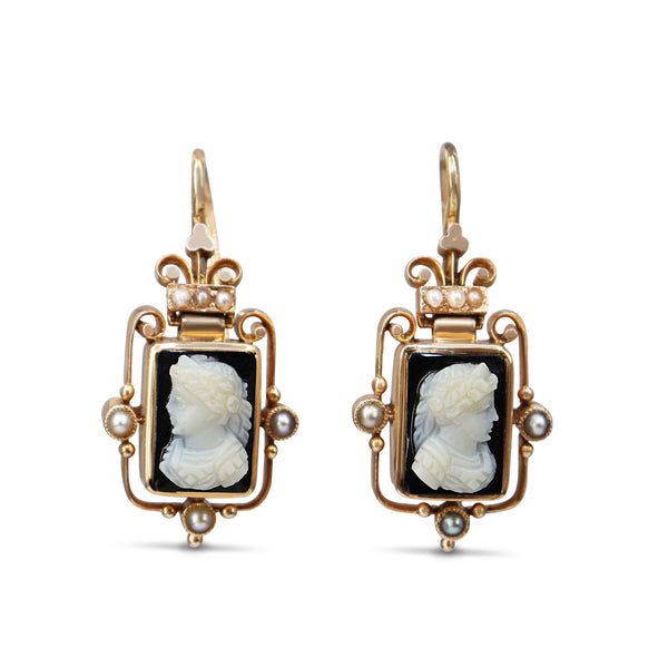 9ct Rose Gold Antique Onyx Cameo and Pearl Earrings