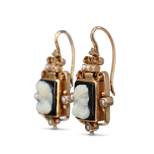 9ct Rose Gold Antique Onyx Cameo and Pearl Earrings