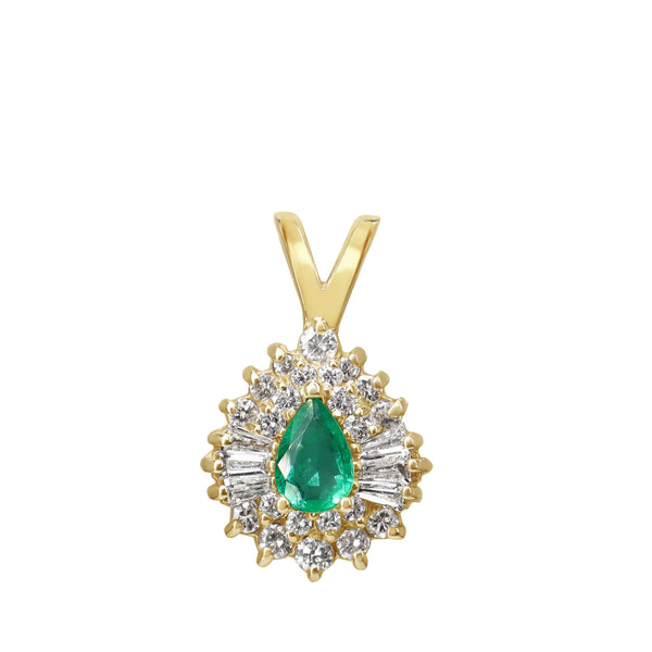 14ct Yellow Gold Emerald and Diamond Pear Shaped Pendant