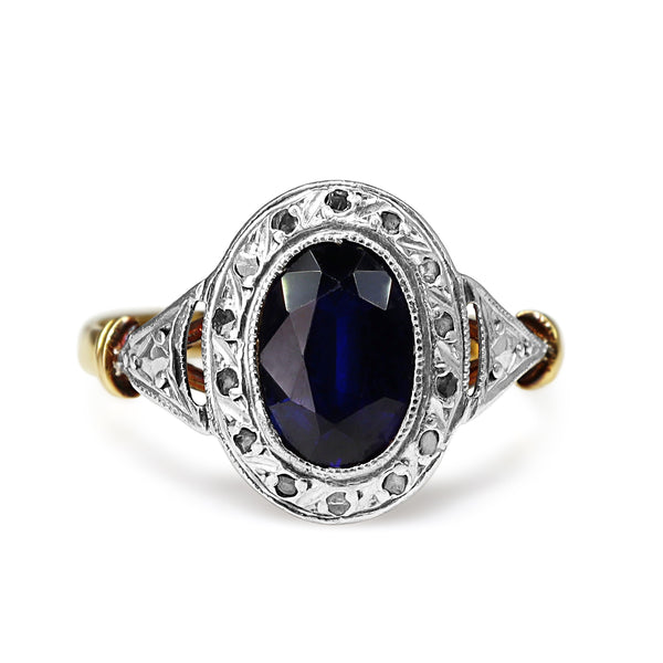 18ct Yellow and White Gold Antique Sapphire and Rose Cut Diamond Halo Ring