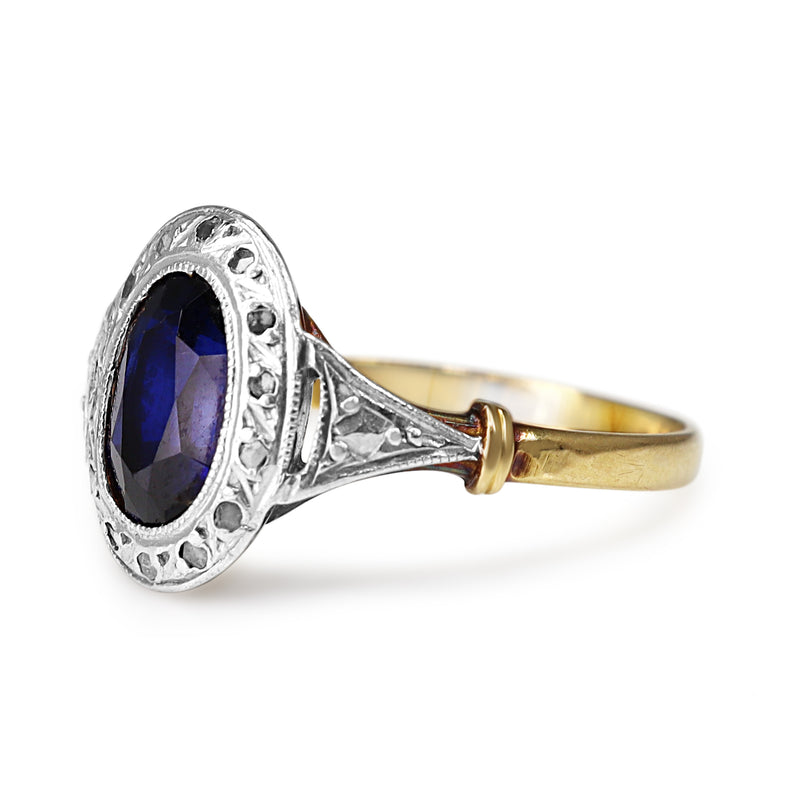 18ct Yellow and White Gold Antique Sapphire and Rose Cut Diamond Halo Ring