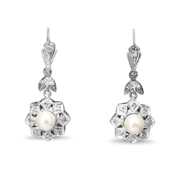 Palladium Cultured Pearl and Rose Cut Diamond Art Deco Earrings