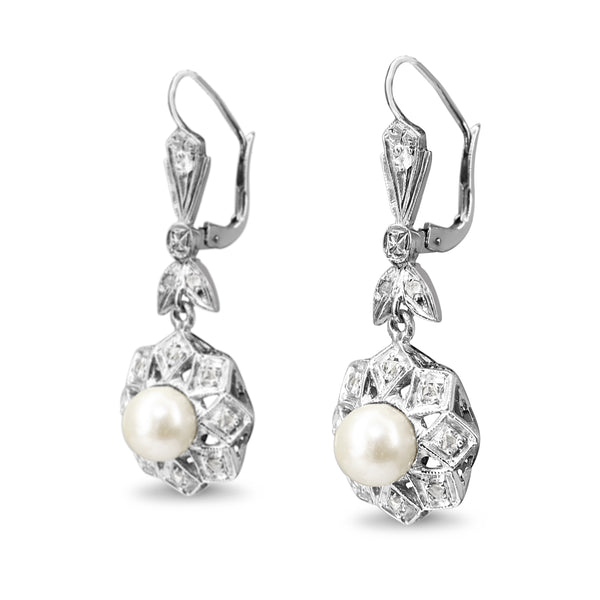 Palladium Cultured Pearl and Rose Cut Diamond Art Deco Earrings