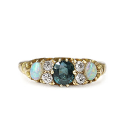 18ct Yellow Gold Victorian Sapphire, Opal and Old Cut Diamond Ring