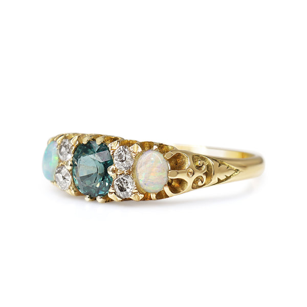 18ct Yellow Gold Victorian Sapphire, Opal and Old Cut Diamond Ring